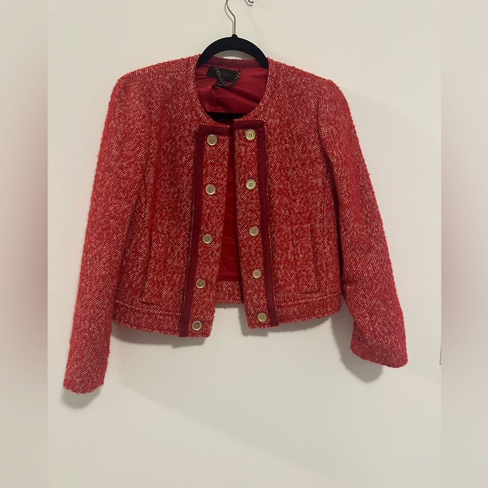 Jcrew cropped red tweed jacket/blazer. Size 6. Button detailing. Very cute.